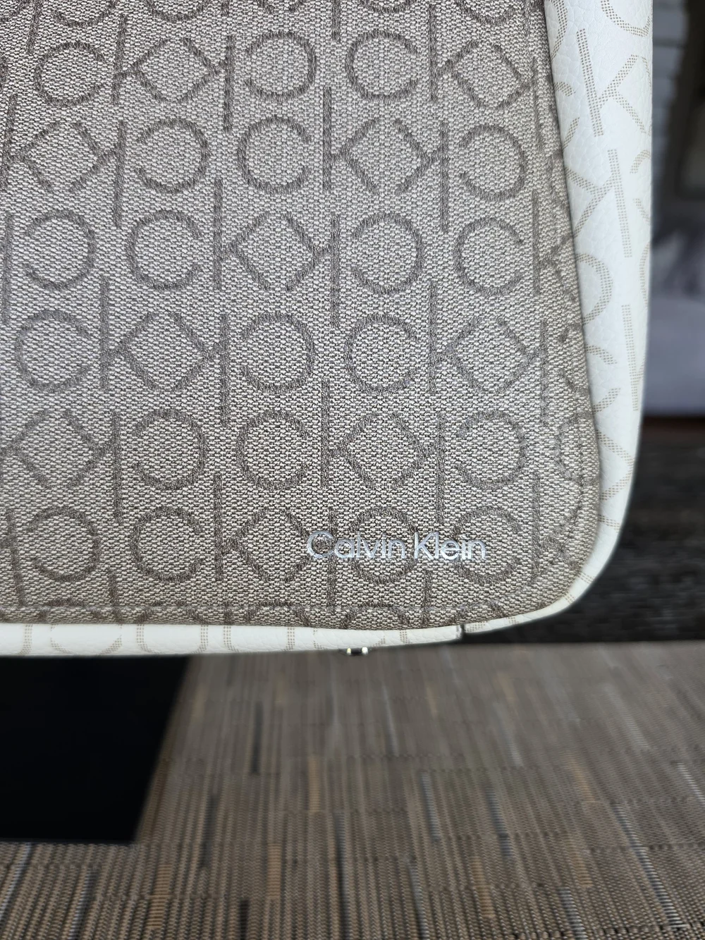 Calvin Klein Two-Tone Beige & Cream Monogram Tote with Pouch